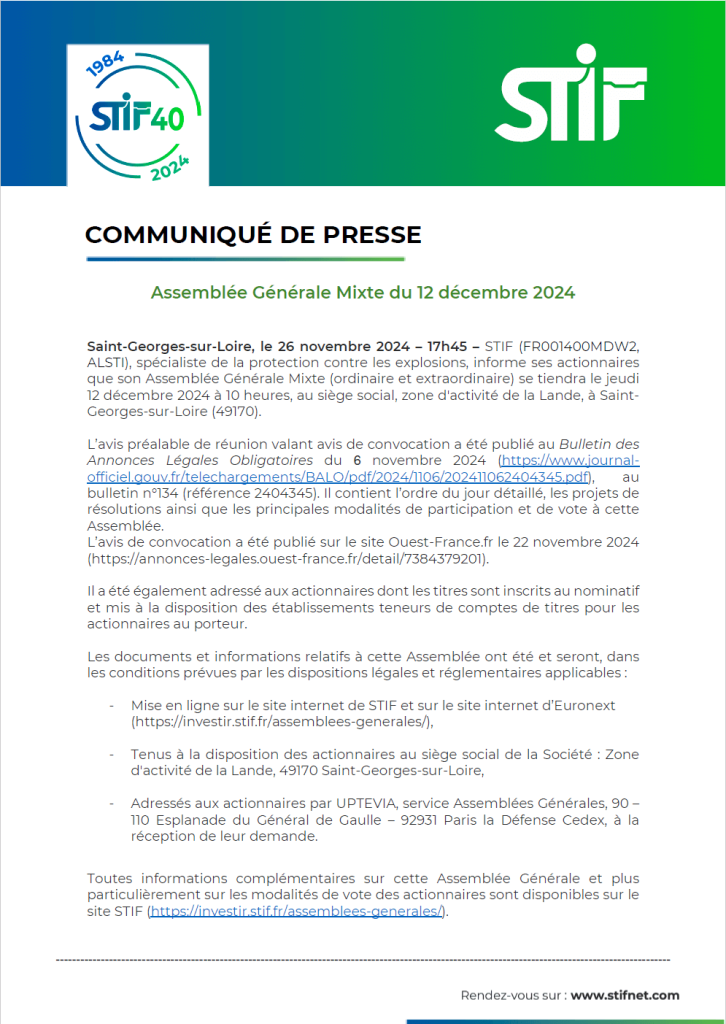 STIF press release - Combined General Meeting of December 12, 2024 in Saint-Georges-sur-Loire, information on the terms of participation and accessible documents.