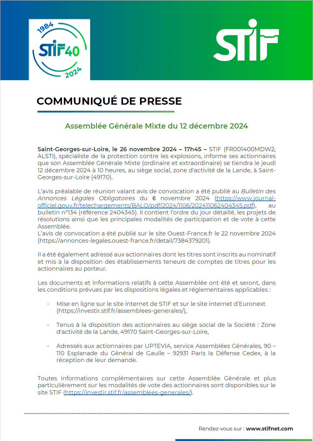 Communiqué de presse STIF - Assemblée Générale Mixte du 12 décembre 2024 à Saint-Georges-sur-Loire, informations sur les modalités de participation et les documents accessibles.